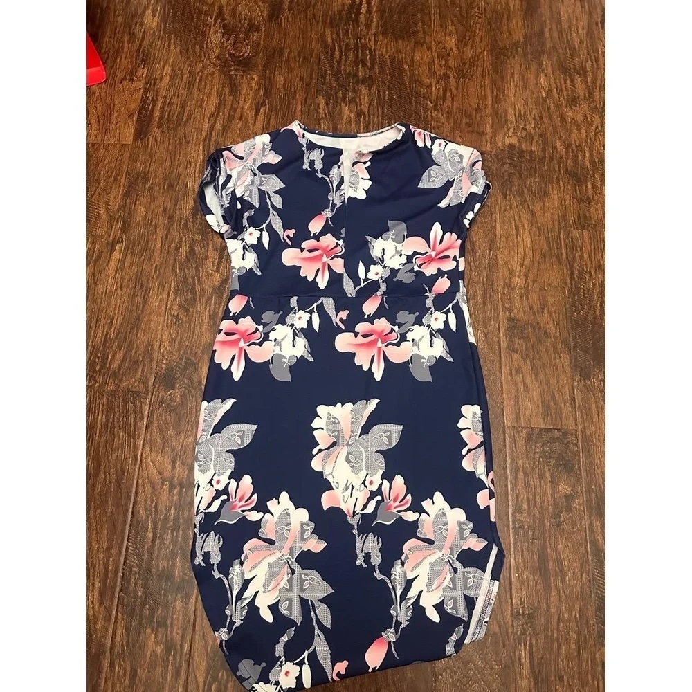 SHEIN Dress Womens Size L Navy Blue Floral Print‎ Short Sleeve Split V-Neck